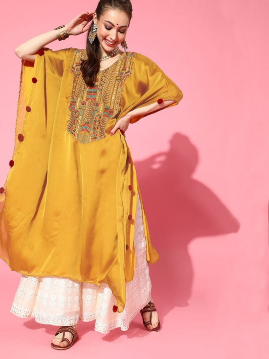 Mustard Embroidered Kaftan Kurta - inddus-us