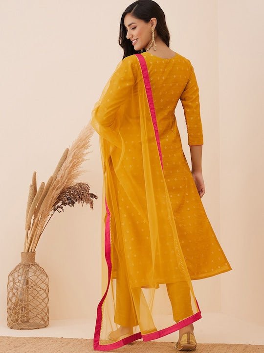 Mustard Ethnic Motif Woven Design Straight Kurta & Trousers With Dupatta - Inddus.com