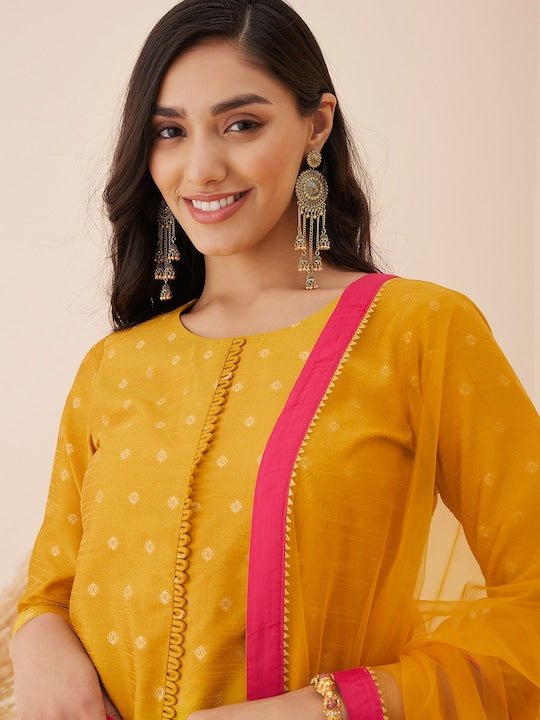 Mustard Ethnic Motif Woven Design Straight Kurta & Trousers With Dupatta - Inddus.com