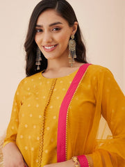 Mustard Ethnic Motif Woven Design Straight Kurta & Trousers With Dupatta - Inddus.com