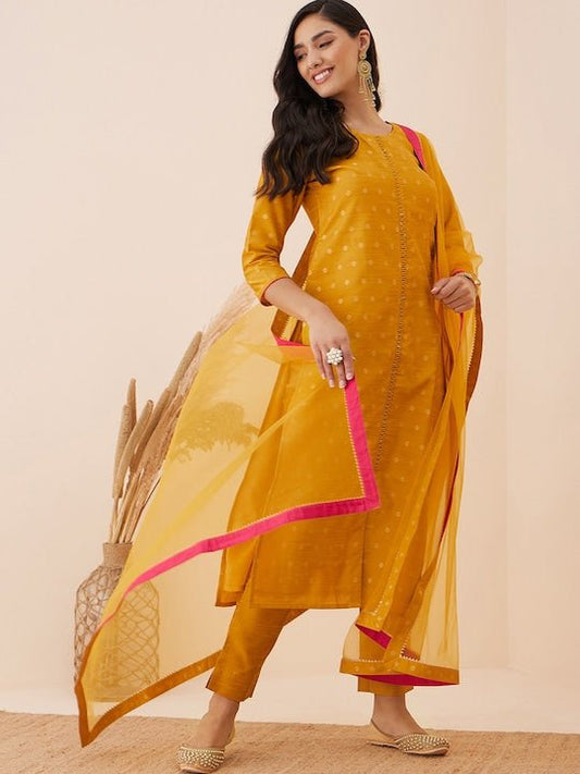 Mustard Ethnic Motif Woven Design Straight Kurta & Trousers With Dupatta - Inddus.com