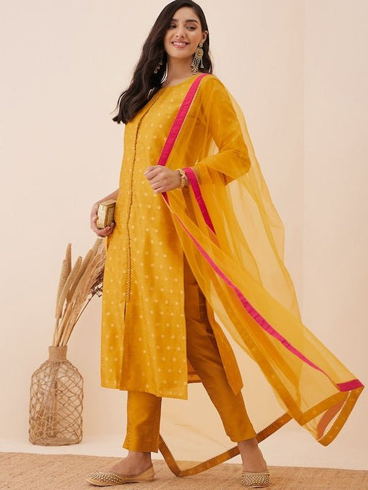 Mustard Ethnic Motif Woven Design Straight Kurta & Trousers With Dupatta - Inddus.com