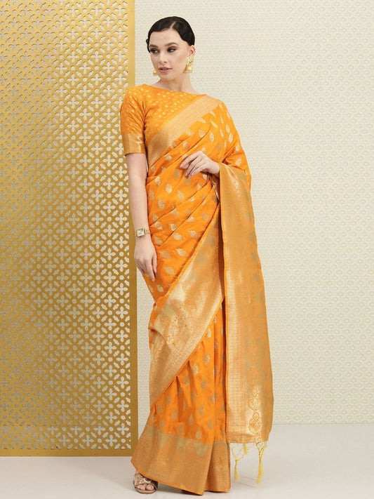 Mustard Ethnic Motifs Zari Woven Traditional Saree - inddus-us