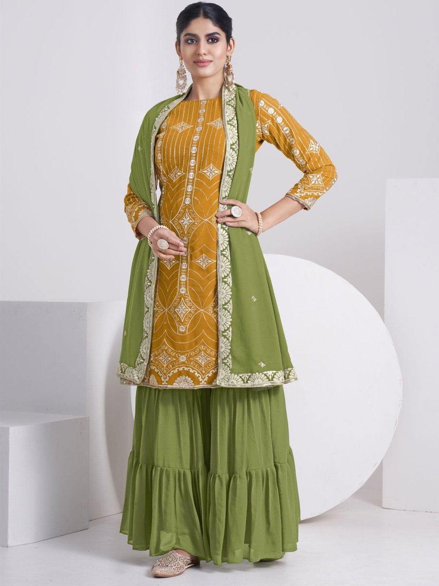 Mustard Georgette Embroidered Sharara-Style-Suit - Inddus.com