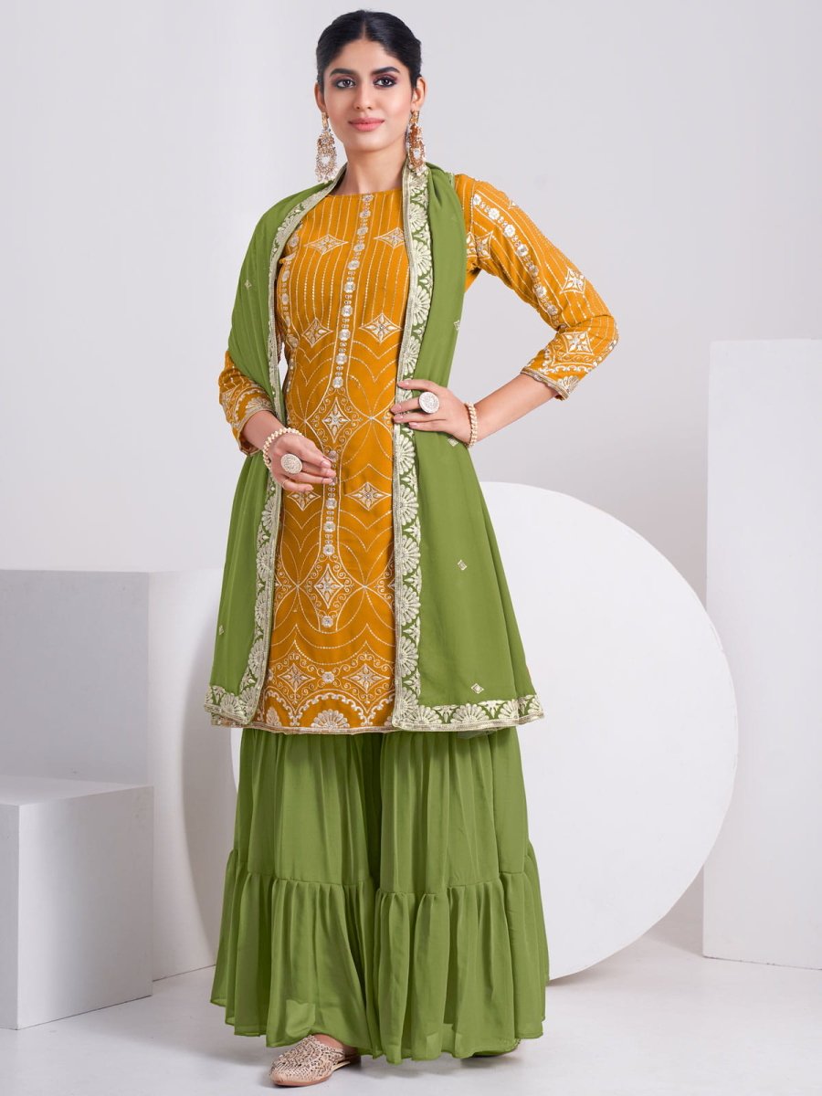 Mustard Georgette Embroidered Sharara-Style-Suit - Inddus.com