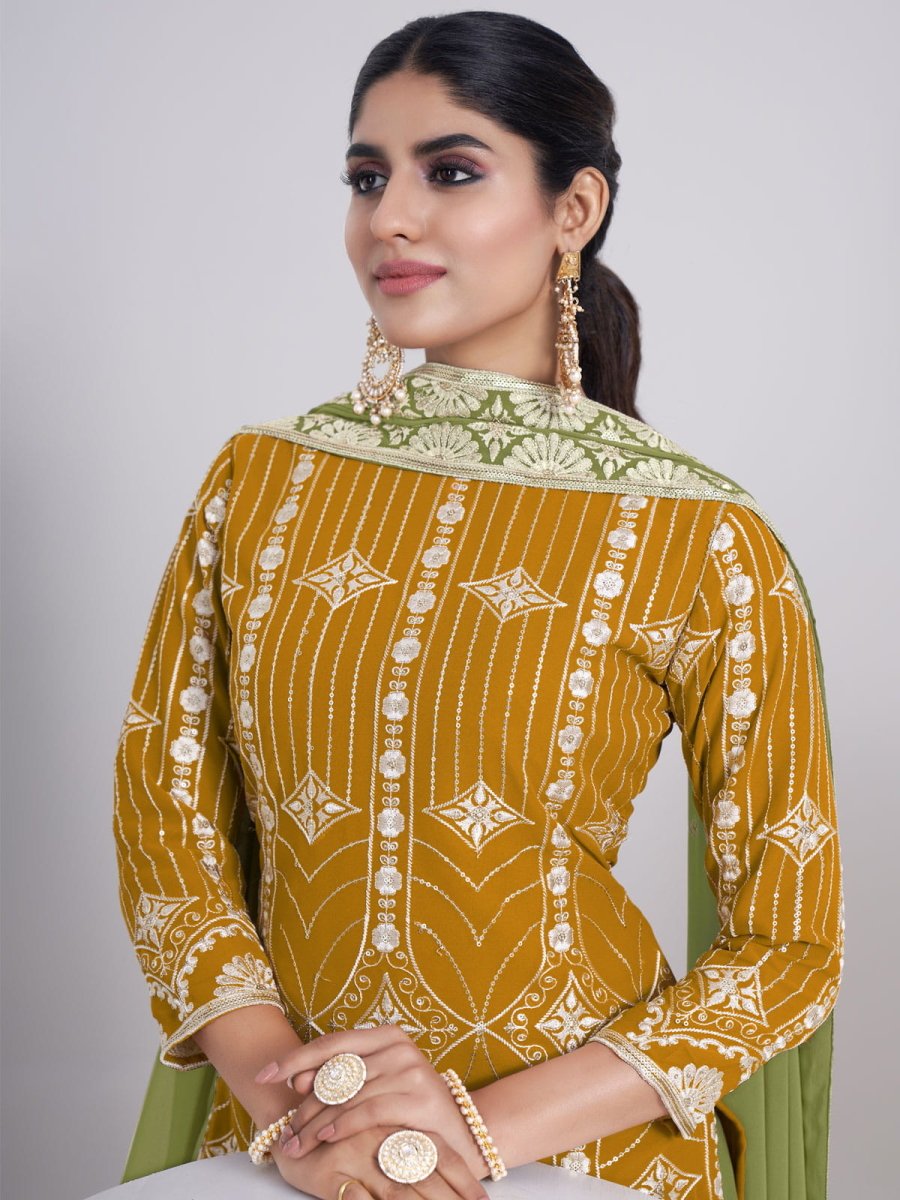 Mustard Georgette Embroidered Sharara-Style-Suit - Inddus.com