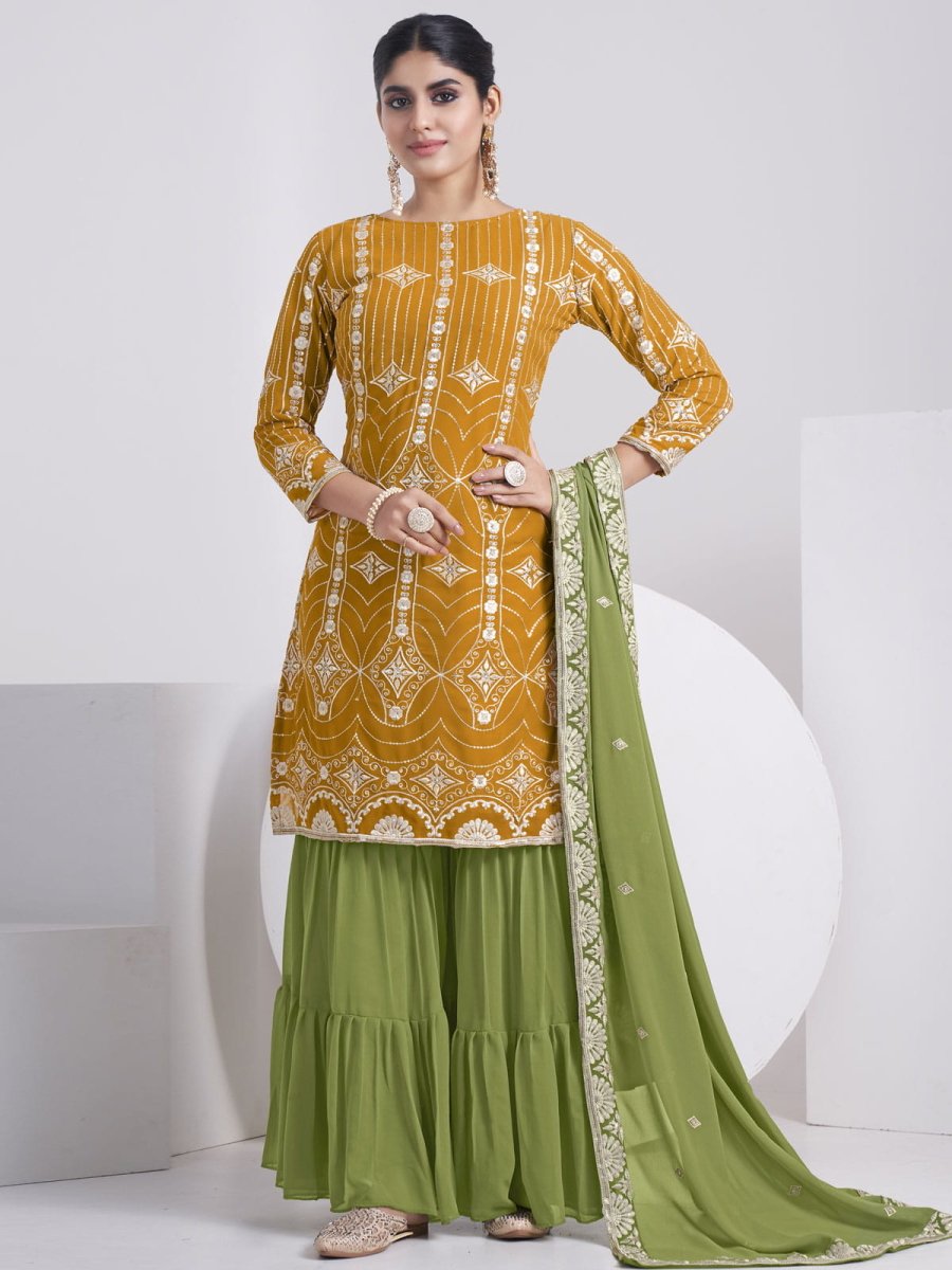 Mustard Georgette Embroidered Sharara-Style-Suit - Inddus.com