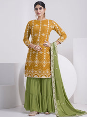 Mustard Georgette Embroidered Sharara-Style-Suit - Inddus.com