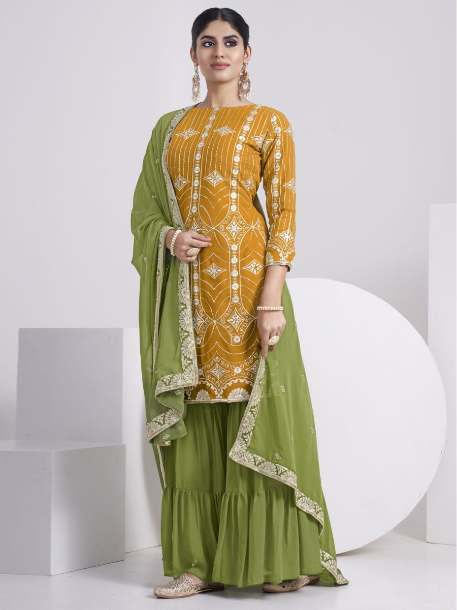 Mustard Georgette Embroidered Sharara-Style-Suit - Inddus.com