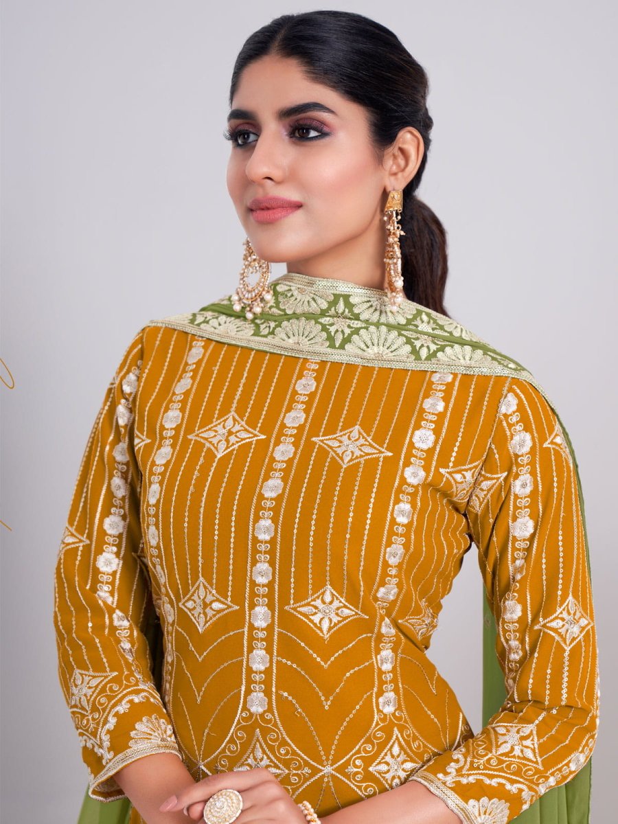 Mustard Georgette Embroidered Sharara-Style-Suit - Inddus.com