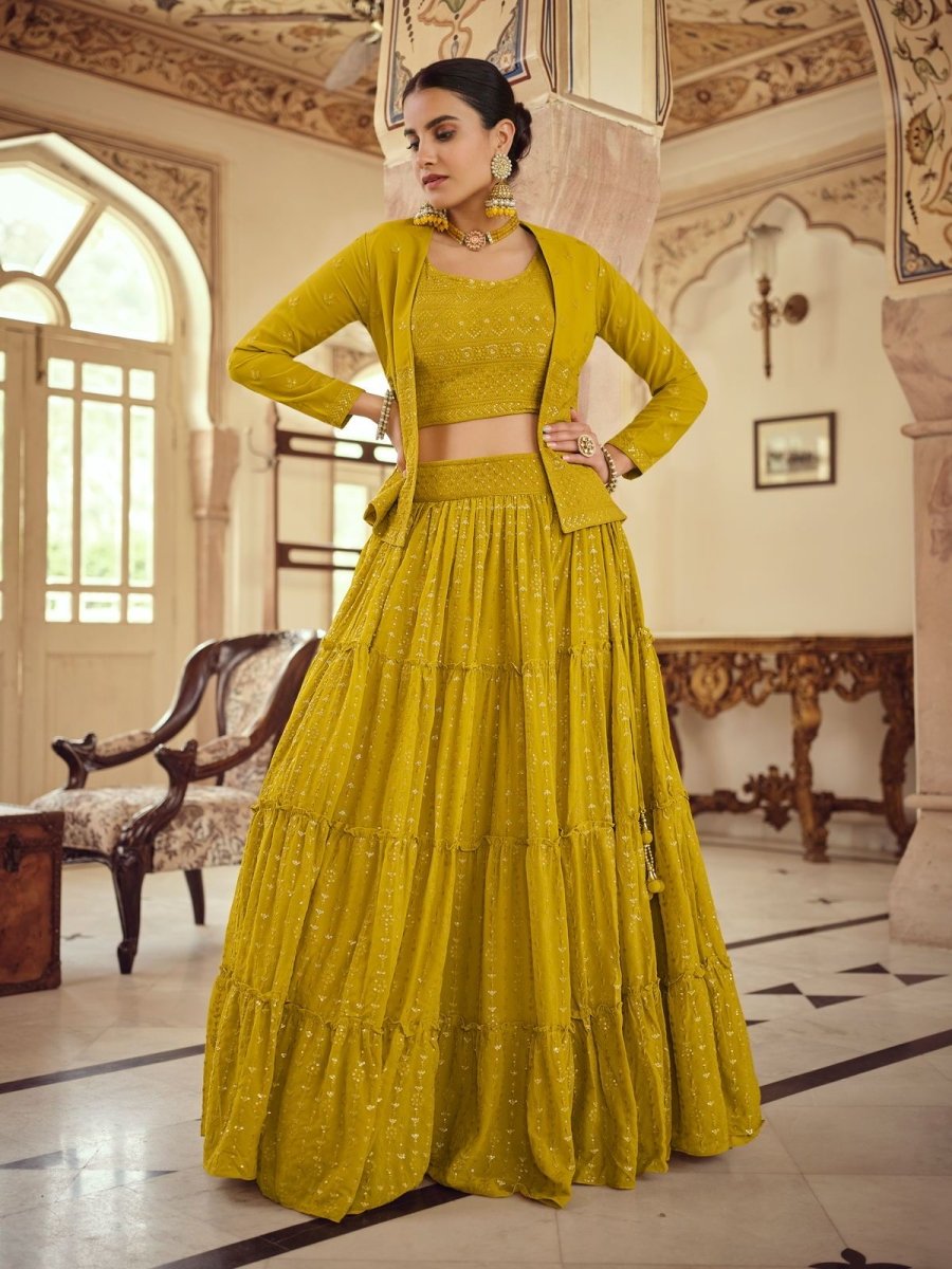 Mustard Georgette Partywear Lehenga Choli - Inddus.com