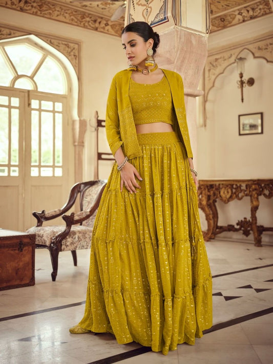 Mustard Georgette Partywear Lehenga Choli - Inddus.com