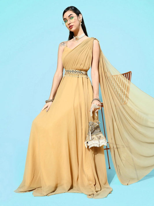 Mustard Georgette Partywear Solid Dresses - Inddus.com