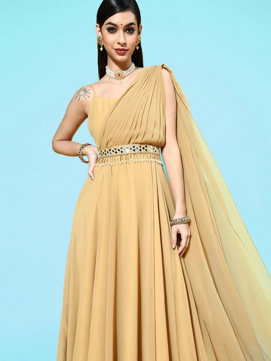 Mustard Georgette Partywear Solid Dresses - Inddus.com