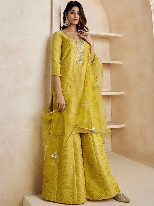 Mustard Gotta Patti Straight Kurta & Sharara With Dupatta - Inddus.com