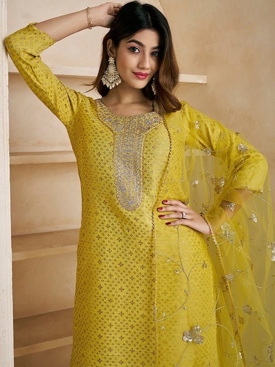 Mustard Gotta Patti Straight Kurta & Sharara With Dupatta - Inddus.com