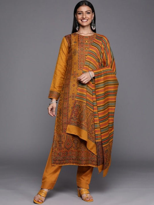 Mustard & Green Printed Woven Pashmina Winter Wear Unstitched Dress Material - Inddus.com