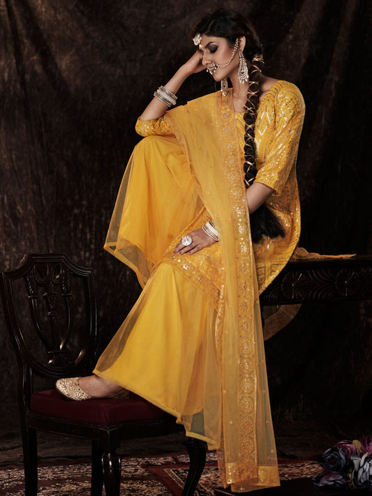 Mustard Net Embroidered Sharara-Style-Suit - Inddus.com