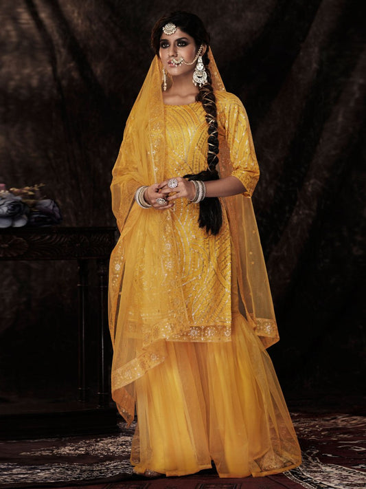 Mustard Net Embroidered Sharara-Style-Suit - Inddus.com