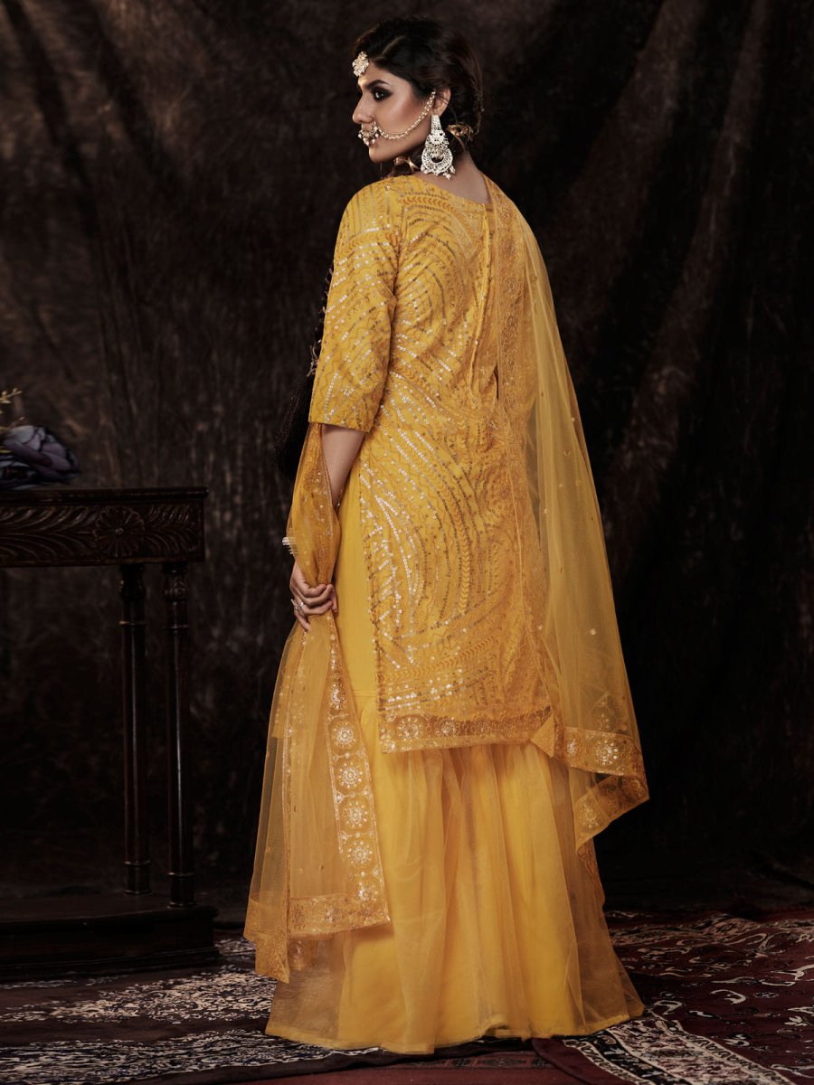 Mustard Net Embroidered Sharara-Style-Suit - Inddus.com