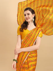 Mustard & Pink Floral Satin Saree - Inddus.com