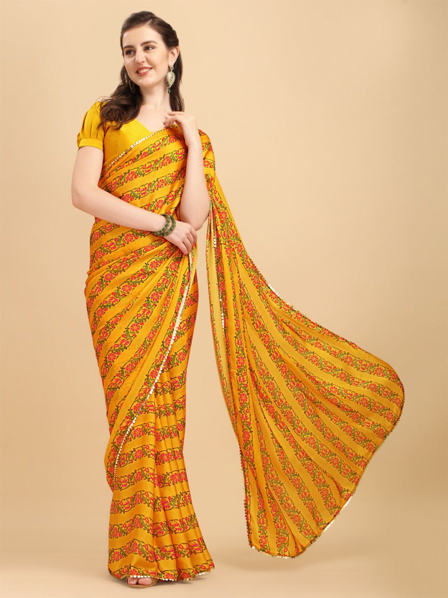 Mustard & Pink Floral Satin Saree - Inddus.com