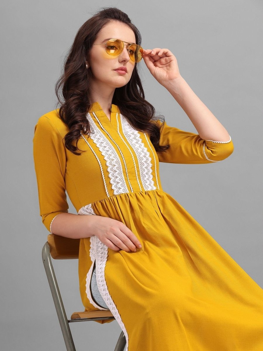 Mustard Pleated Laced Kurta - Inddus.com