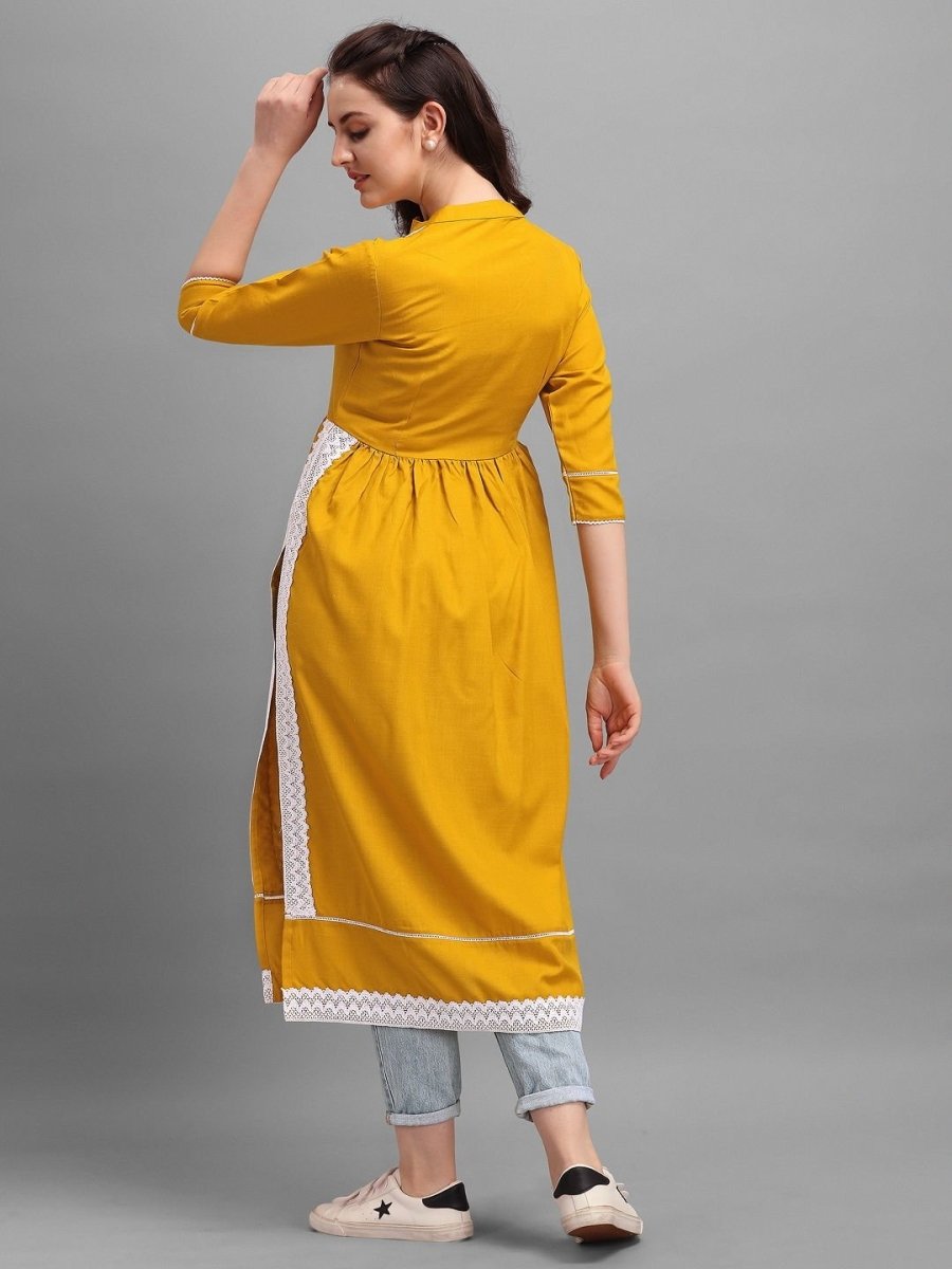 Mustard Pleated Laced Kurta - Inddus.com