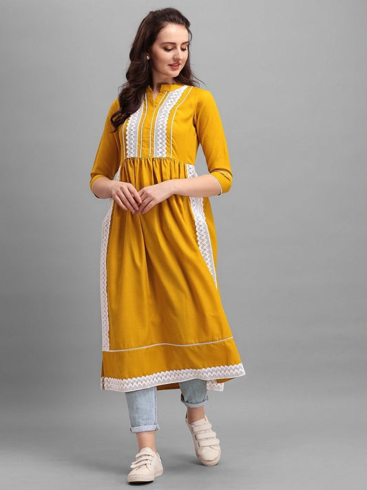 Mustard Pleated Laced Kurta - Inddus.com