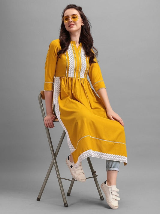 Mustard Pleated Laced Kurta - Inddus.com