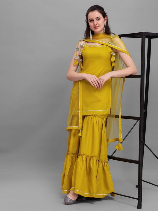 Mustard Solid Kurta with Sharara and Net Dupatta - Inddus.com