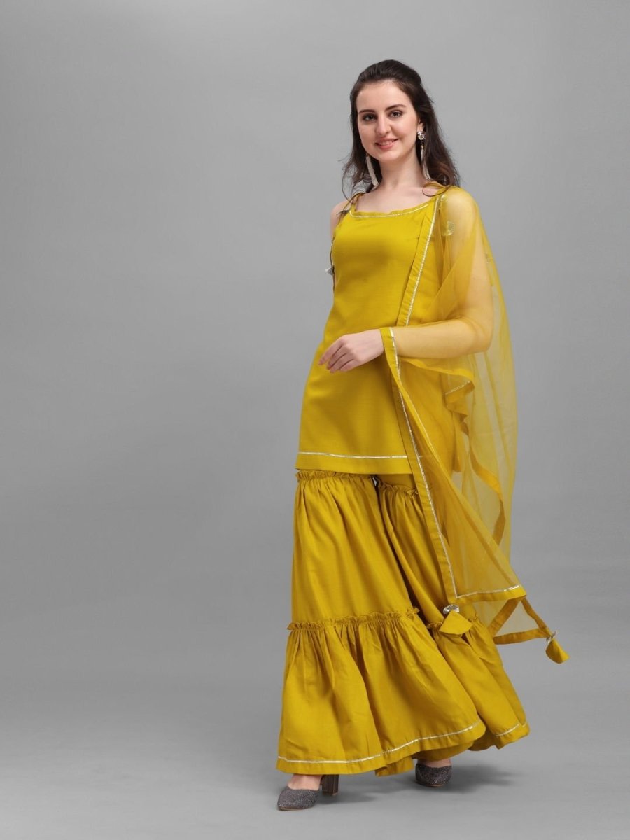 Mustard Solid Kurta with Sharara and Net Dupatta - Inddus.com