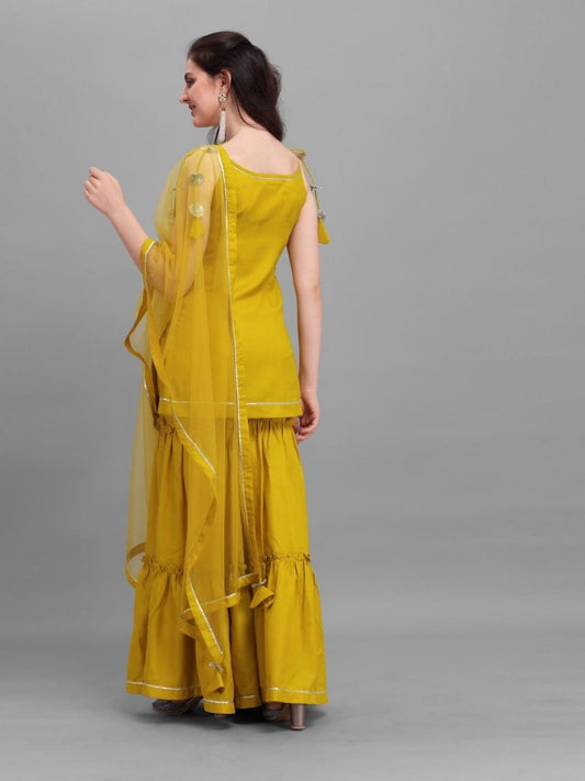 Mustard Solid Kurta with Sharara and Net Dupatta - Inddus.com