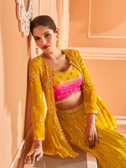 Mustard Velvet Embroidered Lehenga Choli - Inddus.com