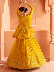 Mustard Velvet Embroidered Lehenga Choli - Inddus.com