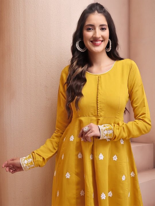 Mustard Yellow Embroidered Chanderi Cotton Anarkali Kurta & Trouser With Dupatta - Inddus.com