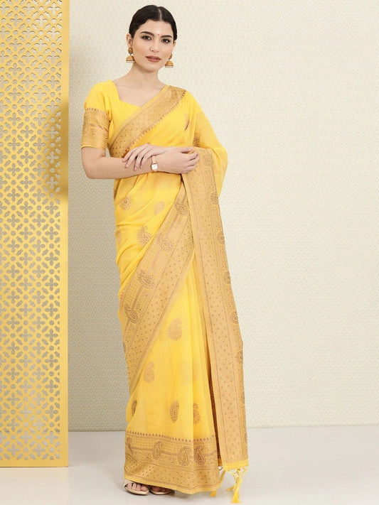 Mustard Yellow Ethnic Motifs Zari Woven Embellished Saree - Inddus.com