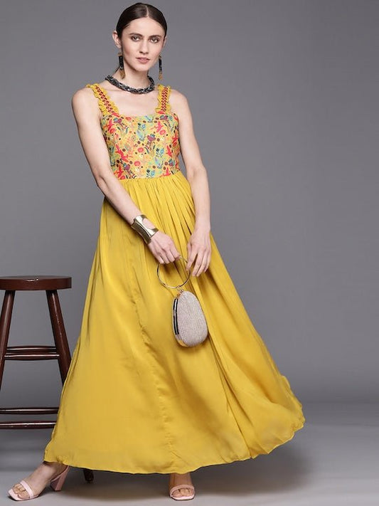 Mustard Yellow Floral Satin Ethnic A-Line Maxi Dress - Inddus.com