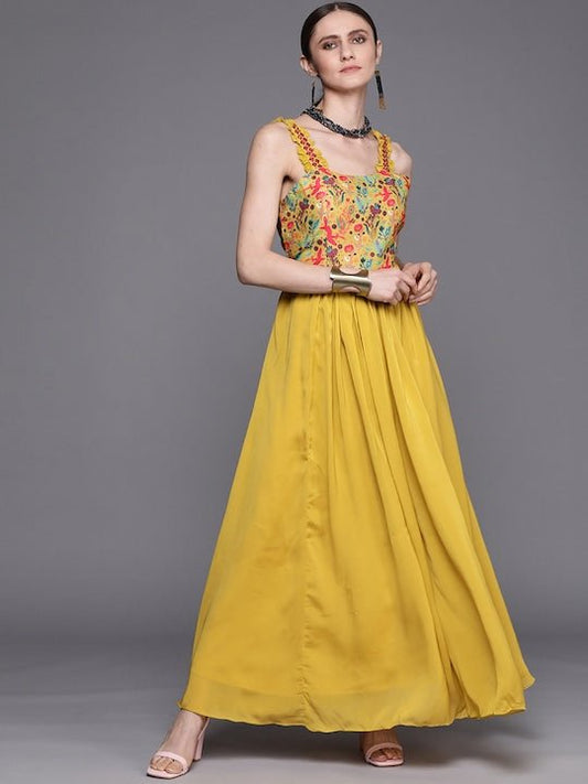 Mustard Yellow Floral Satin Ethnic A-Line Maxi Dress - Inddus.com