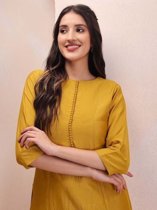 Mustard Yellow Sequinned Kurta With Trousers & Dupatta - Inddus.com