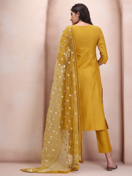 Mustard Yellow Sequinned Kurta With Trousers & Dupatta - Inddus.com