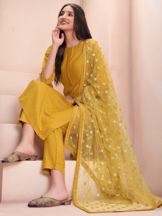 Mustard Yellow Sequinned Kurta With Trousers & Dupatta - Inddus.com