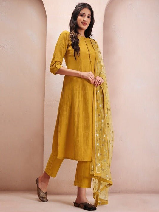 Mustard Yellow Sequinned Kurta With Trousers & Dupatta - Inddus.com