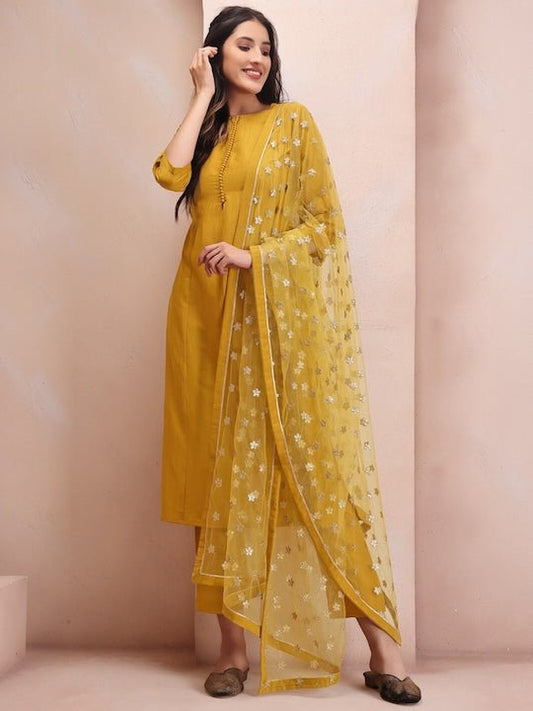 Mustard Yellow Sequinned Kurta With Trousers & Dupatta - Inddus.com