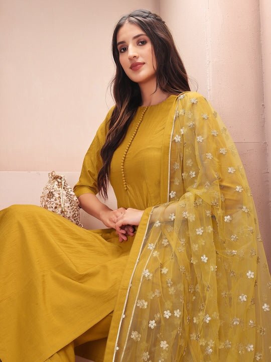 Mustard Yellow Sequinned Kurta With Trousers & Dupatta - Inddus.com