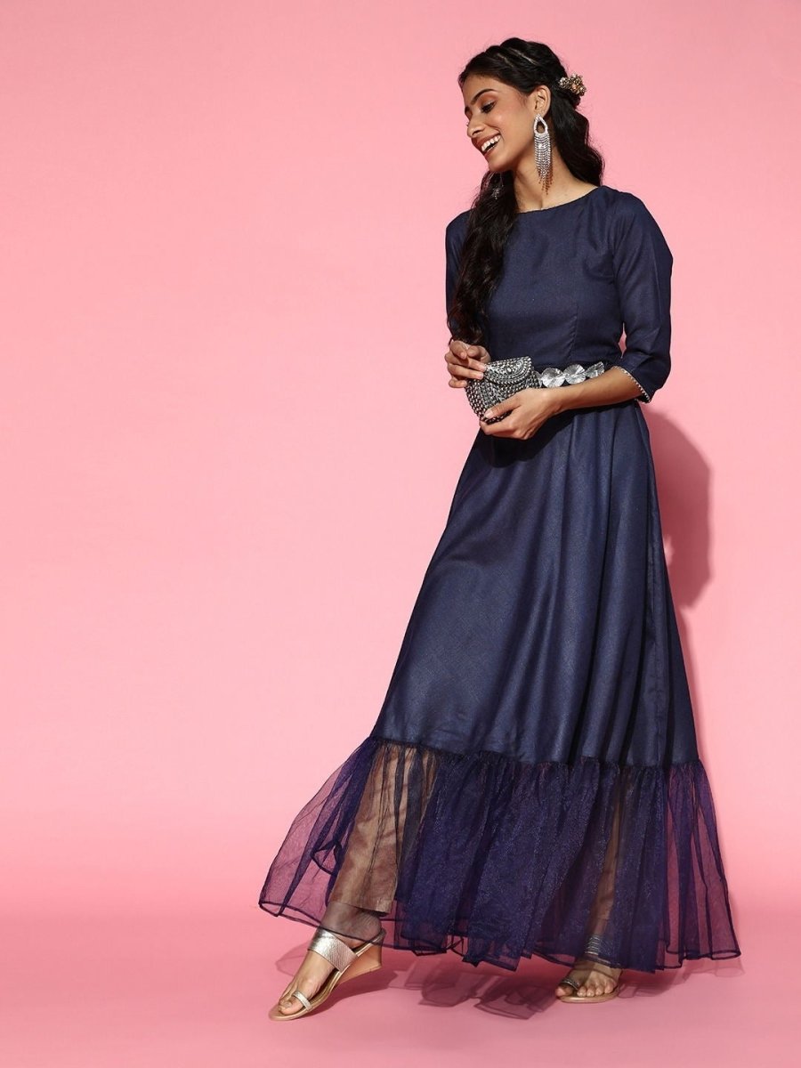 Navy Blue Anarkali Kurta with Embellished Belt - Inddus.com