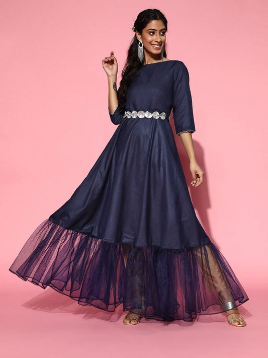 Navy Blue Anarkali Kurta with Embellished Belt - Inddus.com