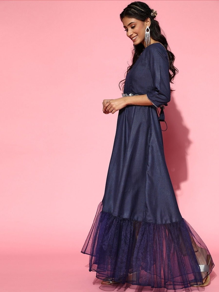 Navy Blue Anarkali Kurta with Embellished Belt - Inddus.com