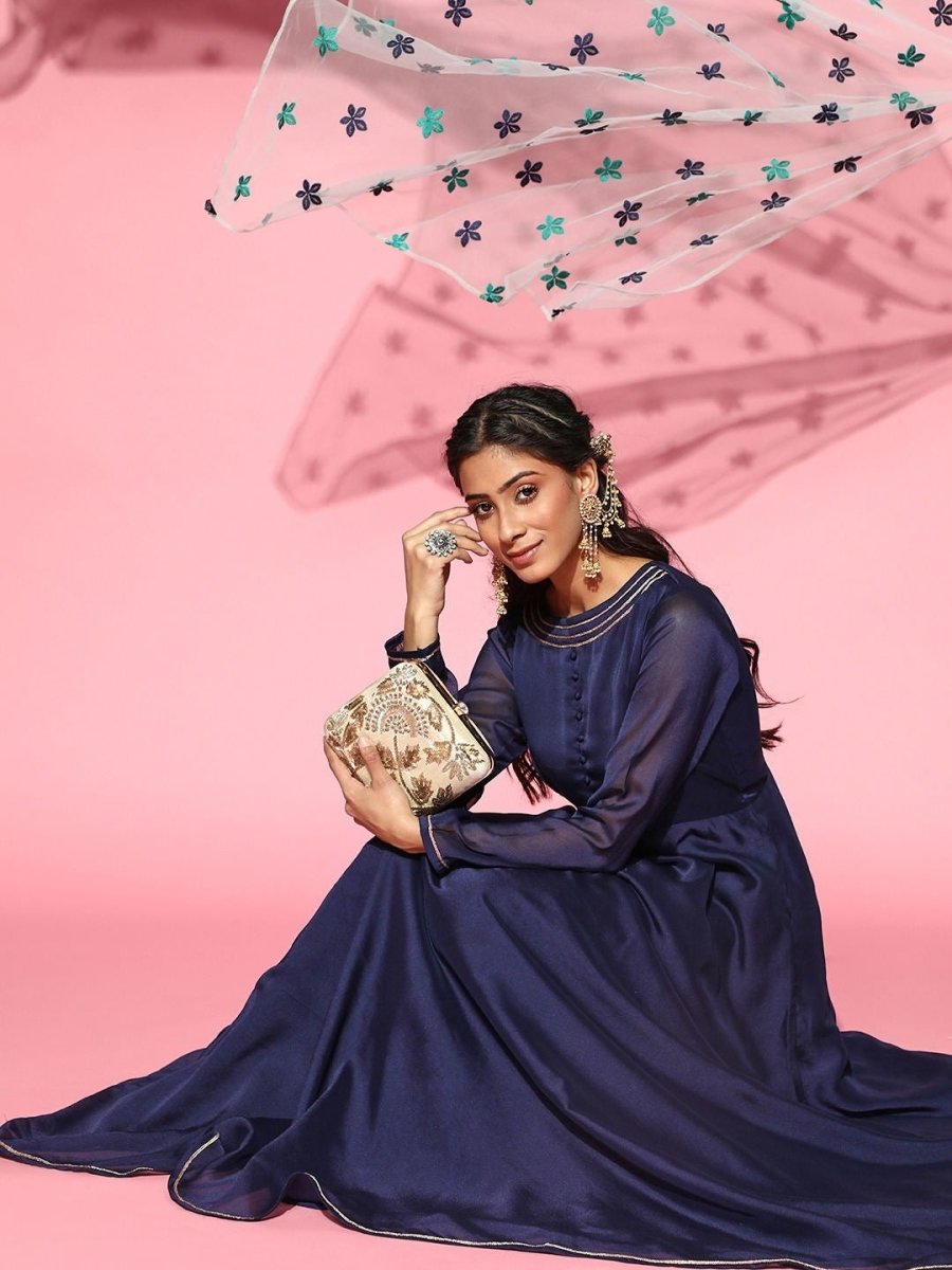 Navy Blue Anarkali Kurta with Net Embroidered Dupatta - Inddus.com