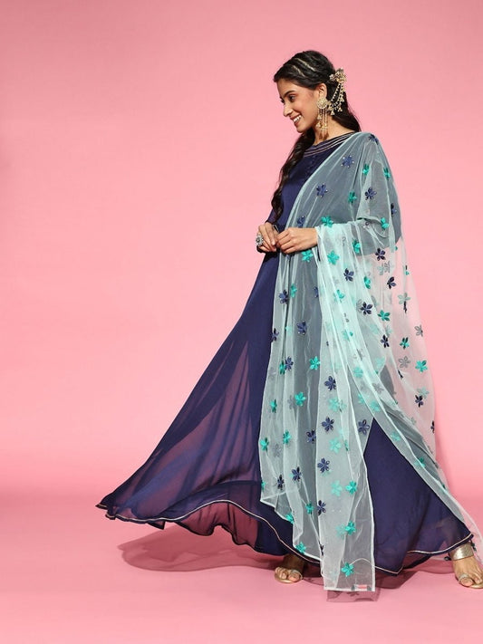 Navy Blue Anarkali Kurta with Net Embroidered Dupatta - Inddus.com